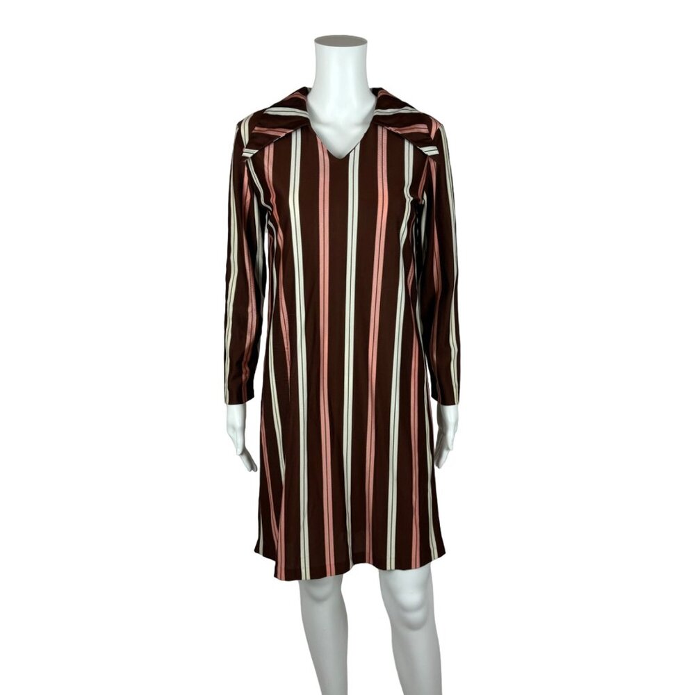 Vintage 70s Mini Dress Women's Medium Pink Brown Striped Polyester Shift